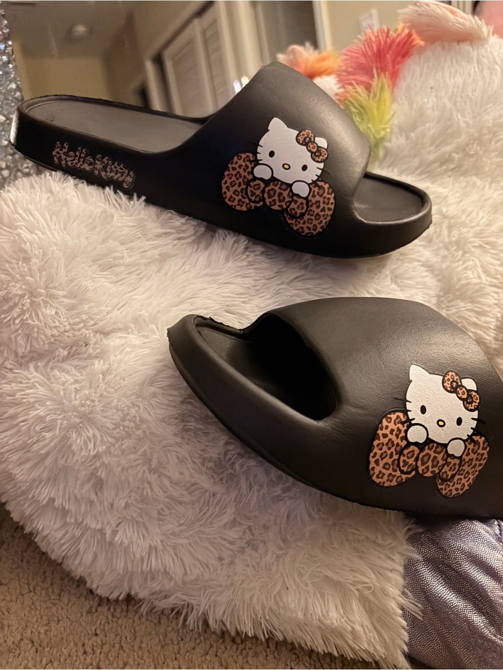 Hello Kitty Black Slide Sandals with Leopard Bow